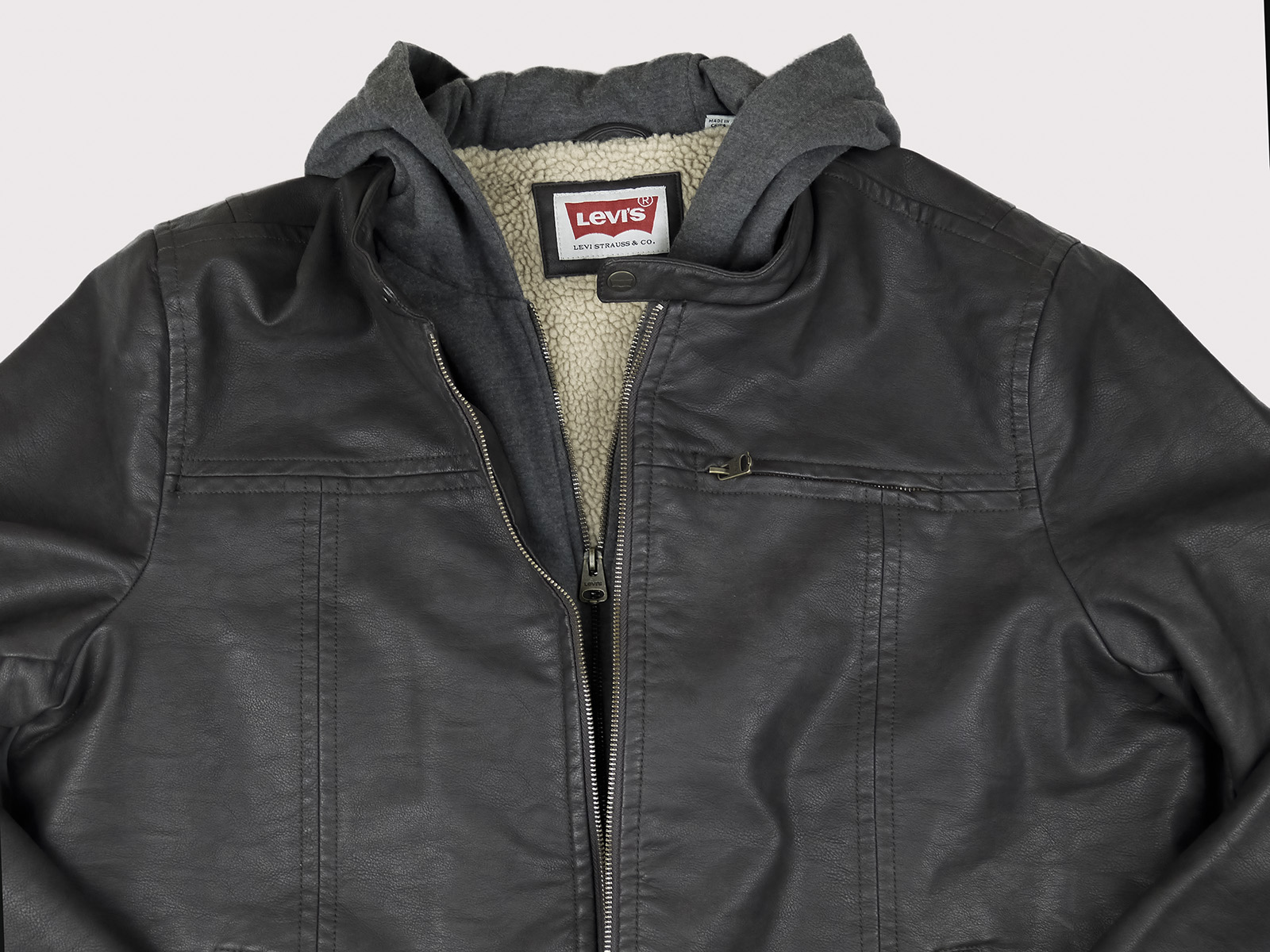 Levi's Men's Sherpa Lind Rugged Buffed Cow Faux Leather Hooded Racer, Dark  Brown_05