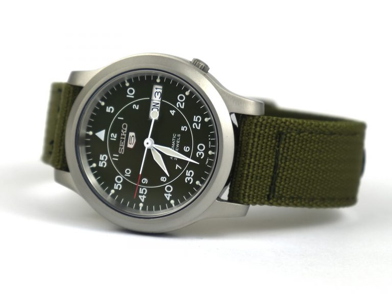 Seiko SNK805 Automatic Khaki Dial Stainless Steel Watch with Green Canvas