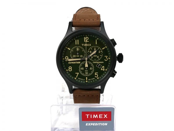 Timex TW4B15800 Expedition Scout Chrono Black Case Green Dial Brown Leather Strap Watch